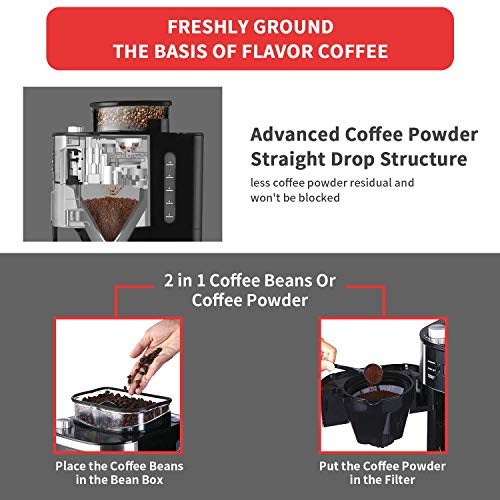  10-Cup Drip Coffee Maker, Brew Automatic Coffee Machine With Built-In Burr Coffee Grinder, Programmable Timer Mode And Keep Warm Plate, 1.5L Large Capacity Water Tank, Removable Filter Basket