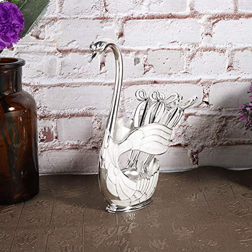  Coffee Spoon Holder Set, Elegant Swan Base Holder Dessert Scoop Serving Spoon Organizer Decorative European Style Metal Flatware Tableware With 6pcs Ice Cream Spoons (Silver White)