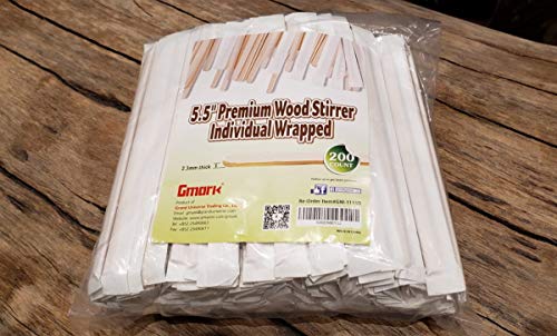  5.5" Premium Wood Stirrer 2.3mm Thick Individual Wrapped 200 Pc - Wood Coffee Stir Sticks For Tea Beverage, Corn Dog Stick Craft Stick 200/Bag GM1115D