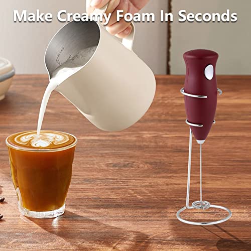  Milk Frother Handheld - Frother For Coffee Electric Handheld Foam Maker With Stainless Steel Stand, Battery Powered Portable Whisk Mixer For Coffee, Cappuccino, Latte, Matcha, Hot Chocolate (Red)