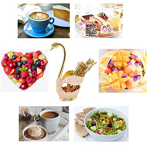  9 Pcs Metal Coffee Dessert Spoons Set, Swan Base Spoon Holder Organizer With 4 Forks, 4 Spoons For Coffee, Fruit, Dessert, Stirring, Mixing, Sugar, Stir, Ice Cream, Cake, Teaspoon (Gold)