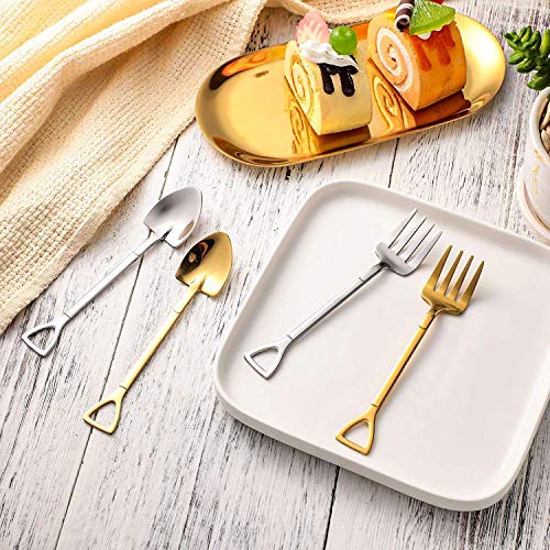  8 Pieces Shovel Spoon Fork Shovel Coffee Spoon Shovel Handle Dessert Spoon Ice Cream Spoon Shovel Shape Fork (Gold)