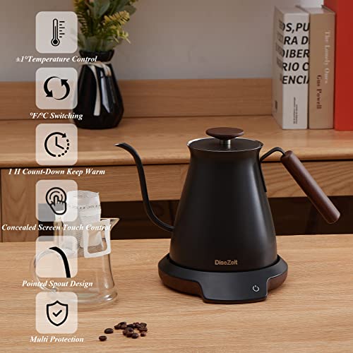  Gooseneck Electric Kettle, DiseZeit Retro Classic 0.7L Stainless Steel Smart Pour Over Kettle, ±1℉ Temperature Control, 1 Hour Keep Warm, Touch Control LCD Display, ℉/℃ Switching, Black & Wood Grain
