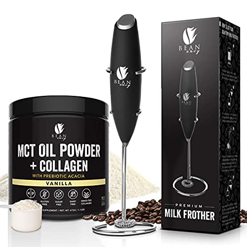  MCT Oil Powder With Collagen And Handheld Milk Frother Bundle – Vanilla Keto Energy Boost With Acacia - Stainless Steel And Black Frother For Easy Mixing And Foamier Lattes