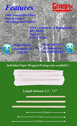  Gmark Individually Wrapped Wood Coffee Stir Sticks - 7" - 500pc Round End, Eco Friendly Coffee Stirrers Wood For Hot Drinks - Natural Birch Wood GM1116A
