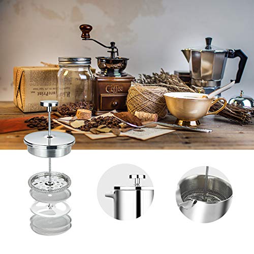  Vitasunhow Insulated French Press Coffee Maker Stainless Steel Double-Wall Metal 3 Level Filtration System, Rust-Free Dishwasher Safe