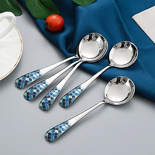  Tainless Steel Coffee Round Spoon,Korean Dessert Spoon,Fish Scale Pattern Mixed Color Tea Spoon For Home, Kitchen Or Restaurant, Set Of 4 Coffee Spoons, 6 Inches.