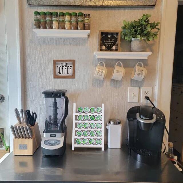  Farmhouse K Cups Ladder Coffee Pod Holder For Countertop, Rustic Wood Keurig Pod Holder K Cup Organizer For Home Kitchen Storage, Coffee Station Organizer For Coffee Bar Accessories White