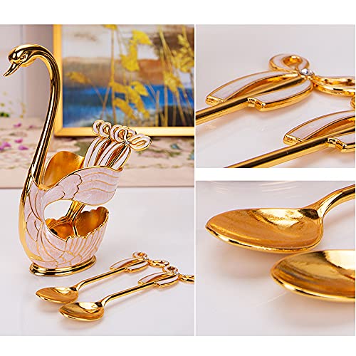  9 Pcs Metal Coffee Dessert Spoons Set, Swan Base Spoon Holder Organizer With 4 Forks, 4 Spoons For Coffee, Fruit, Dessert, Stirring, Mixing, Sugar, Stir, Ice Cream, Cake, Teaspoon (Gold)