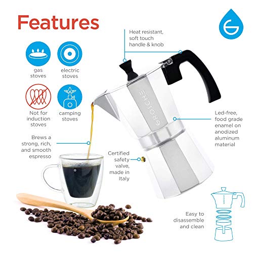  Milano Stovetop Espresso Maker Moka Pot 6 Espresso Cup - 9.3 Oz, Silver And 3 Replacement Seals Gaskets Bundle Stove Top Coffee Maker Moka Italian Espresso Coffee Maker And Replacement Gaskets