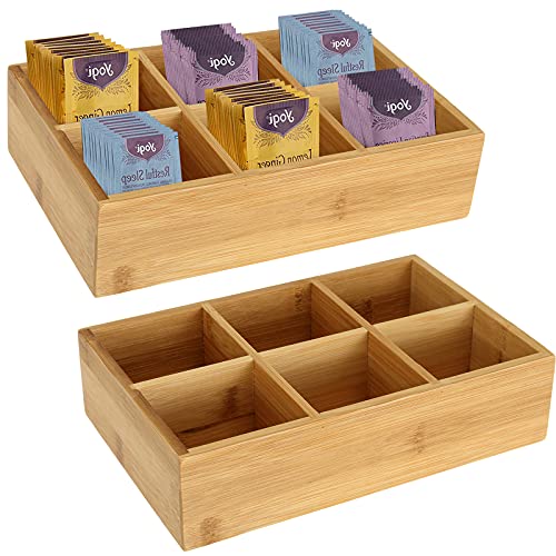  2 Pack Bamboo Tea Bag Organizer, Wood Hot Tea Bag Drawer Storage Organizer Holder With 6 Compartments, Tea Chest Box For Coffee Station, Sugar Packet, Sweeteners, Small Packets