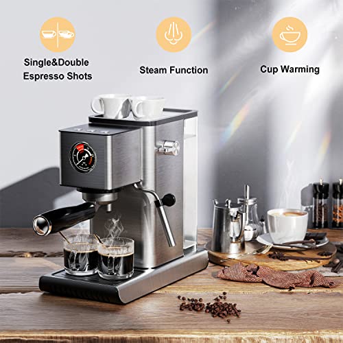  Espresso Machine 20 Bar Expresso Coffee Machines Steamer Coffee Machine With Milk Frother/Steam Wand 40oz Water Tank 1400W Stainless Steel Silver Suitable For Latte And Cappuccino Making