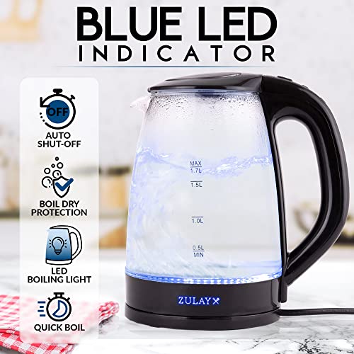  1.7L Glass Electric Kettle With Blue LED Light - Borosilicate Glass Hot Water Kettle Electric - Electric Glass Kettle Water Boiler With Auto Shut-Off And Boil-Dry Protection