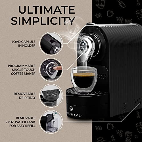  Espresso Machine Compatible With Nespresso Coffee Capsules (Black), Pod Holder, Cups And Descaling Powder Bundle (2 Items)