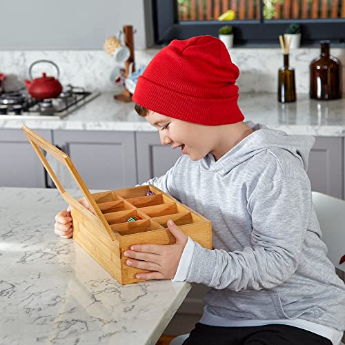  Big Natural Bamboo Tea Storage Organizer With Clear Acrylic Top Window, 8 Compartments Eco-Friendly Tea Bag Holder, Multi-Functional Storage Box