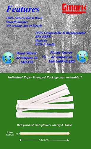  5.5" Premium Wood Stirrer 2.3mm Thick Individual Wrapped 200 Pc - Wood Coffee Stir Sticks For Tea Beverage, Corn Dog Stick Craft Stick 200/Bag GM1115D