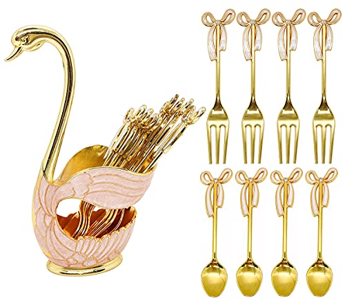  9 Pcs Metal Coffee Dessert Spoons Set, Swan Base Spoon Holder Organizer With 4 Forks, 4 Spoons For Coffee, Fruit, Dessert, Stirring, Mixing, Sugar, Stir, Ice Cream, Cake, Teaspoon (Gold)
