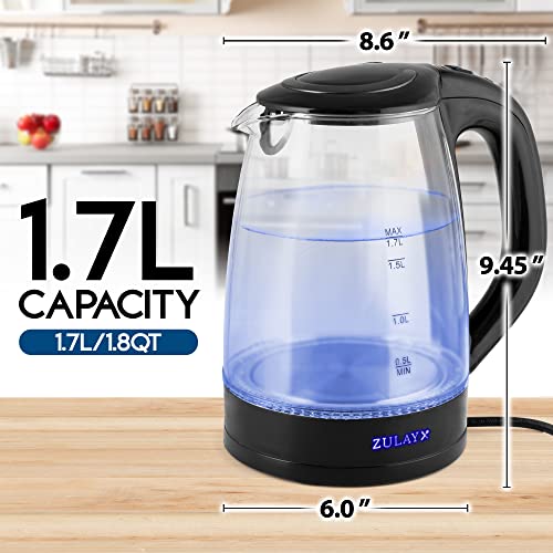  1.7L Glass Electric Kettle With Blue LED Light - Borosilicate Glass Hot Water Kettle Electric - Electric Glass Kettle Water Boiler With Auto Shut-Off And Boil-Dry Protection