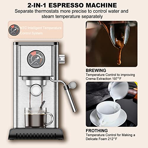  Espresso Machine 20 Bar Expresso Coffee Machines Steamer Coffee Machine With Milk Frother/Steam Wand 40oz Water Tank 1400W Stainless Steel Silver Suitable For Latte And Cappuccino Making