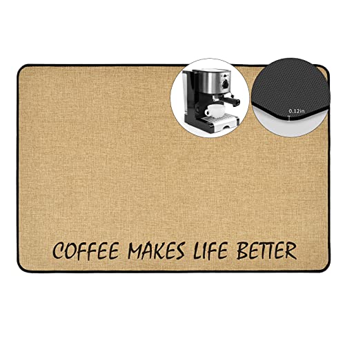  ETTORLER Coffee Mat, Waterproof Coffee Bar Mat Imitation Linen Surface (24x16x0.12IN) Thickened Upgrade DIATOM MUD Bottom Coffee Maker Mat Leak-Proof Coffee Mat For Countertops Table Espresso Machine