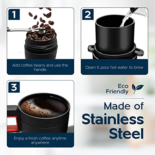  Anual Coffee Grinder With A Built-in HOT BREW Stainless-steel Filter, And TWO Cups - All In One Innovative Product | Durable & Great For Travelers
