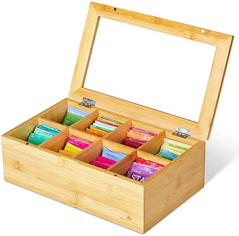  Big Natural Bamboo Tea Storage Organizer With Clear Acrylic Top Window, 8 Compartments Eco-Friendly Tea Bag Holder, Multi-Functional Storage Box