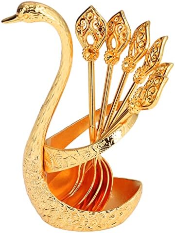  Decorative Swan Base Holder With Coffee Spoon Set, Zinc Alloy Embossment Coffee Stirrers Holder Elegant Swan Coffee Spoon Holder For Spoons Fruit Dessert(Silver)