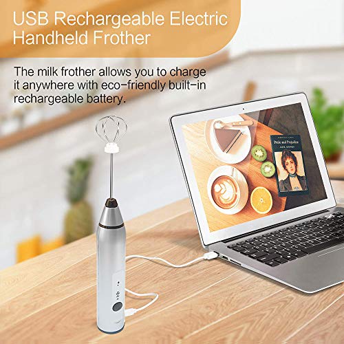  Fmelut Electric Milk Frother With Double Whisks, USB Rechargeable Electric Foam Maker, 2 In 1 Hand-held Battery Operated Milk Foamer For Coffee, Latte, Cappuccino, Egg Whipping(Silver)