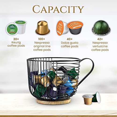  Coffee Pod Holder - Large Capacity Black Wire Kup Storage With Wooden Base - Modern Coffee Basket Decor For Kitchen Countertop For Pods & Espresso Capsules