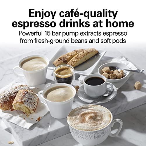 Hamilton Beach 15 Bar Espresso Machine, Cappuccino, Mocha, & Latte Maker, With Milk Frother, Make 2 Cups Simultaneously, Works With Pods Or Ground Coffee, 50 Oz. Water Reservoir, Black