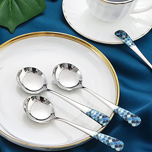  Tainless Steel Coffee Round Spoon,Korean Dessert Spoon,Fish Scale Pattern Mixed Color Tea Spoon For Home, Kitchen Or Restaurant, Set Of 4 Coffee Spoons, 6 Inches.