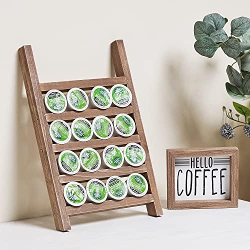  Farmhouse K Cups Ladder Coffee Pod Holder For Countertop, Rustic Wood Keurig Pod Holder K Cup Organizer For Home Kitchen Storage, Coffee Station Organizer For Coffee Bar Accessories White
