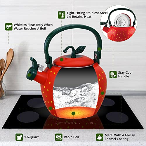  Whistling Tea Kettle For Stove Top Enamel On Steel Teakettle, Supreme Housewares Strawberry Decor Design Teapot Water Kettle Cute Kitchen Accessories Teteras (2.3 Quart, Strawberry)