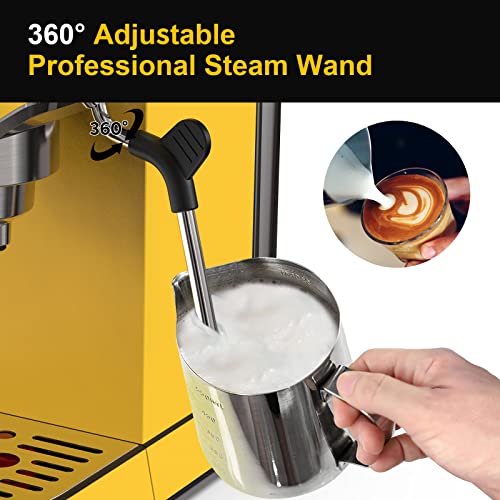  Espresso Machine 20 Bar, Professional Espresso Maker With Milk Frother Steam Wand, Compact Espresso Coffee Machine With 35oz Removable Water Tank For Cappuccino, Latte, Stainless Steel, Yellow