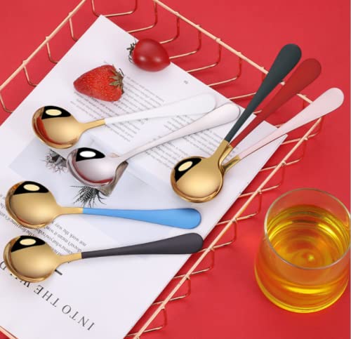  5pcs Round Head Ice Cream Dessert Coffee Mixing Spoon Tea Sugar Cake Cutlery Scoop Stainless Steel Tableware Spoons (Rose Red+silver)