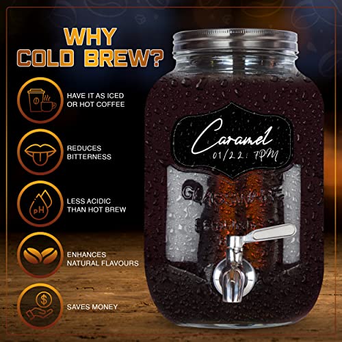  Cold Brew Coffee Maker, 1 Gallon Iced Coffee Maker, Cold Brew Mason Jar With Stainless Steel Filter, Large Iced Tea Maker With Thick Shatter Resistant Glass, Your Own Cold Brew Kit