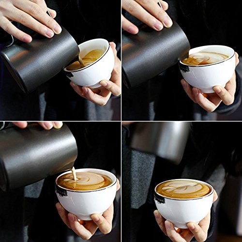  Pull Flower Cup Cylinder Coffee Foam Mugs 450ml Stainless Steel Non-Stick Coating Coffee Mugs Pitcher Milk Frothing Lattes Cup (Black)
