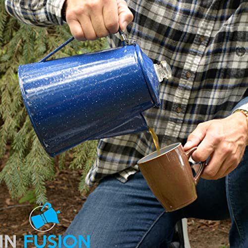  Camping Coffee Percolator Enamel Coating Gloss Finish And Glass Cap For Backpacking, Campsite, Kitchen, Over Stove And Pot Makes 8 Cups Comes With Basket For Grounds And Stainless Steel Spoon, Blue