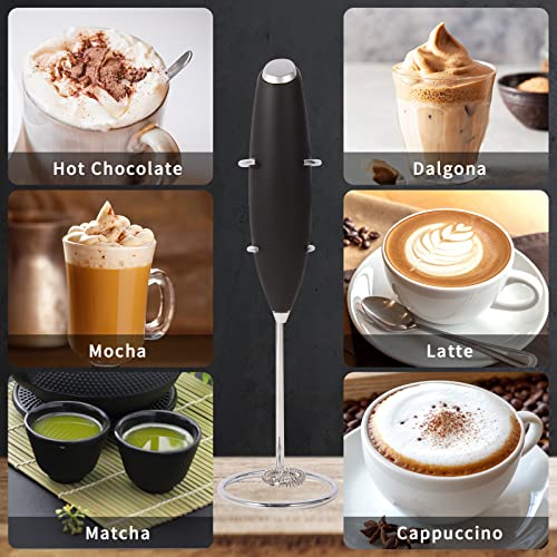  Handheld Milk Frother With Stand,Uses Batteries, Mini Electric Frother For Coffee,Latte,Cappuccino,Hot Chocolate,Matcha,Durable Drink Mixer With Stainless Steel Whisk (Black)