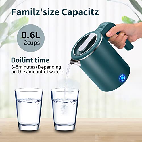  Mall Portable Electric Kettle, 0.6L Mini Stainless Steel Travel Kettle, Portable Mini Hot Water Boiler Heater, Quiet Fast Boil & Cool Touch With Boil-Dry Protection (Green)