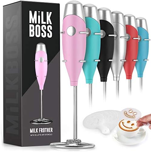  Ghty Milk Frother Handheld Whisk Mixer - Coffee Frother Electric Handheld Foam Maker & Frother For Coffee - Portable Electric Whisk With 16-Piece Stencils For Lattes, Matcha & More (Black)