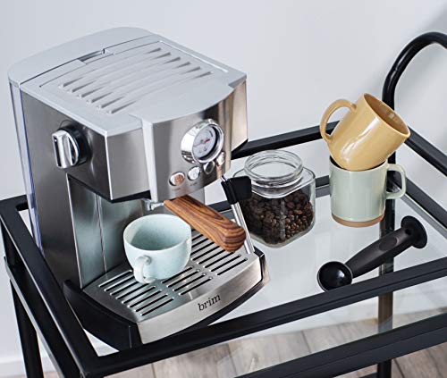  Brim 15 Bar Espresso Machine, Cappuccino, Americano, Latte And Espresso Maker, Milk Steamer And Frother, Removable Parts For Easy Cleaning, Stainless Steel/Wood Accents, Wood Finish Handle (50030)