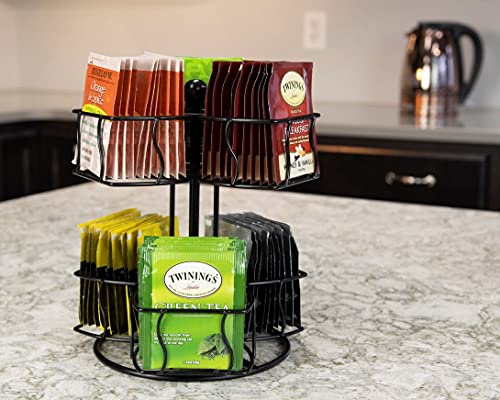   Tea Bag Spinning Carousel – 6 Compartments, Up To 60 Tea Bags Storage, Spins 360-Degrees, Lazy Susan Platform, Modern Black Design, Home Or Office Kitchen Counter Organizer