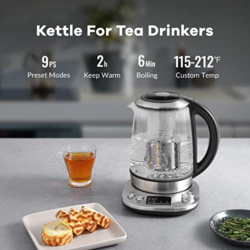  Tea Kettle Electric Tea Pot With Removable Infuser, 9 Preset Brewing Programs Tea Maker With Temprature Control, 2 Hours Keep Warm, 1.7 Liter Electric Kettles, 1200W, Glass And Stainless Steel
