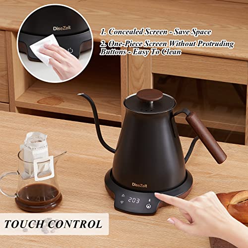  Gooseneck Electric Kettle, DiseZeit Retro Classic 0.7L Stainless Steel Smart Pour Over Kettle, ±1℉ Temperature Control, 1 Hour Keep Warm, Touch Control LCD Display, ℉/℃ Switching, Black & Wood Grain