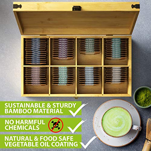  Large Wooden Tea Organizer Box, Big 14" Bamboo Storage Chest | 8-Compartment Tall, Adjustable Shelves | 100% Handmade Craft Eco-Friendly Natural Décor