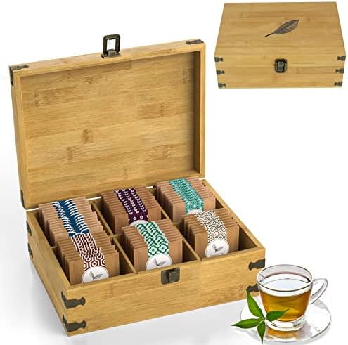  Large Wooden Tea Organizer Box, Big 14" Bamboo Storage Chest | 8-Compartment Tall, Adjustable Shelves | 100% Handmade Craft Eco-Friendly Natural Décor