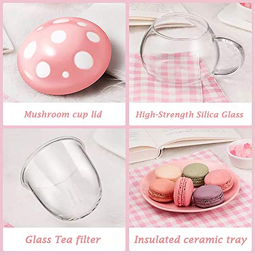  Mothers Day Gifts For Mom Glass Tea Cup Cute Mushroom Mug With Mushroom Spoon, Tea Cups With Infuser Strainer Filter, Clear Teapot With Ceramic Lid Coaster, Heat Resistant For Home290ML 9.6oz (Pink)