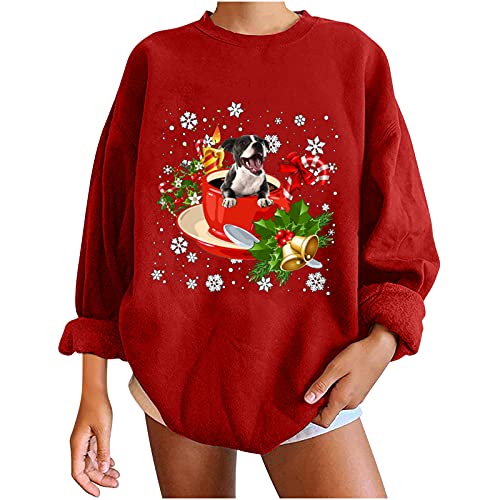  Sinpiling Womens Crewneck Long Sleeve Sweatshirt Winter Christmas Cute Dog Printed Tops Casual Pullover Lightweight Blouse