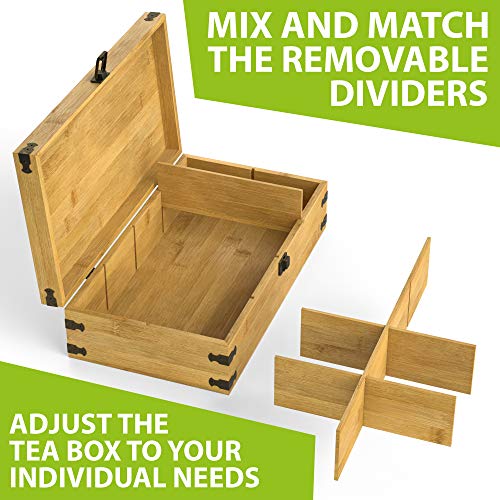 Large Wooden Tea Organizer Box, Big 14" Bamboo Storage Chest | 8-Compartment Tall, Adjustable Shelves | 100% Handmade Craft Eco-Friendly Natural Décor